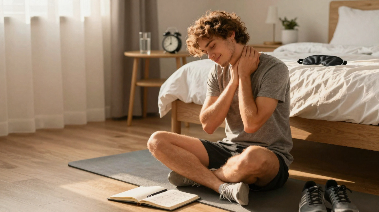 Homem sentado no chão de um quarto, a massajar o pescoço, com livro e ténis junto a si.