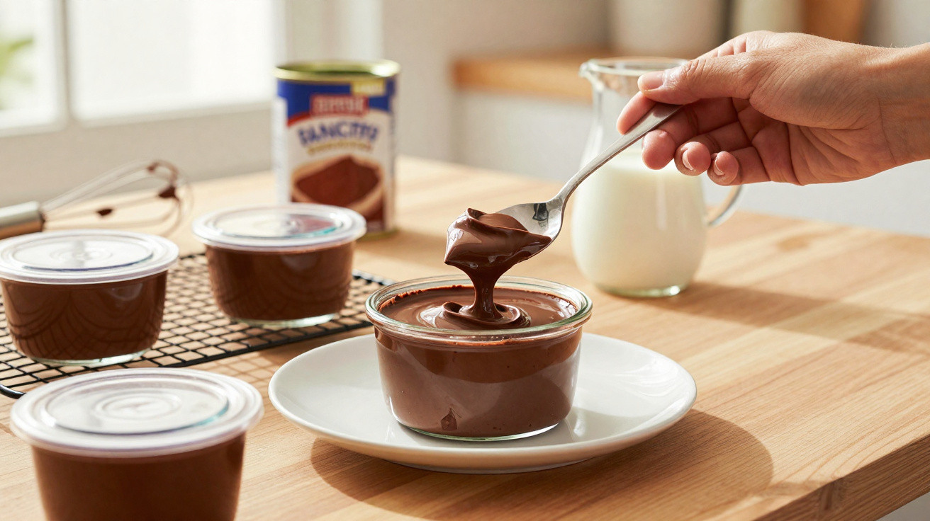 Colher a retirar creme de chocolate de um recipiente de vidro numa mesa de madeira.