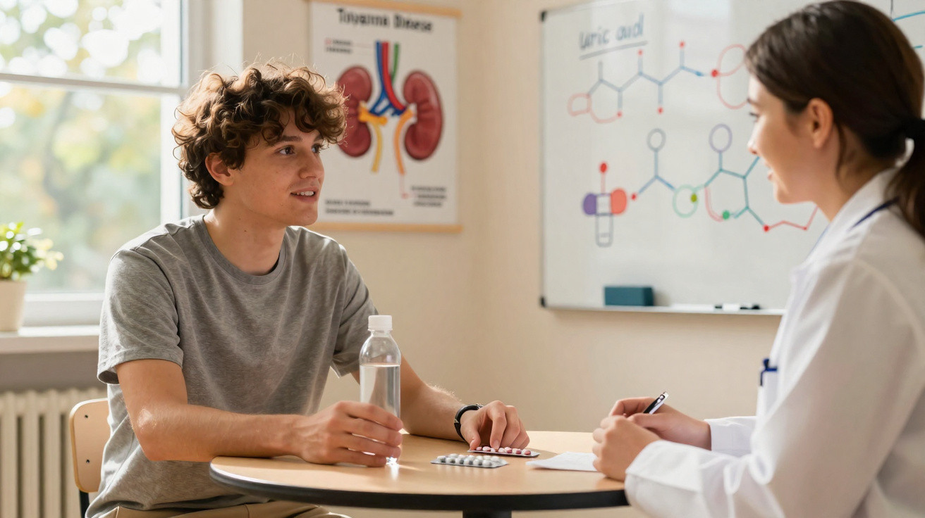 Paciente jovem conversa com médica em consulta, com medicamentos sobre a mesa e cartaz de rins na parede.