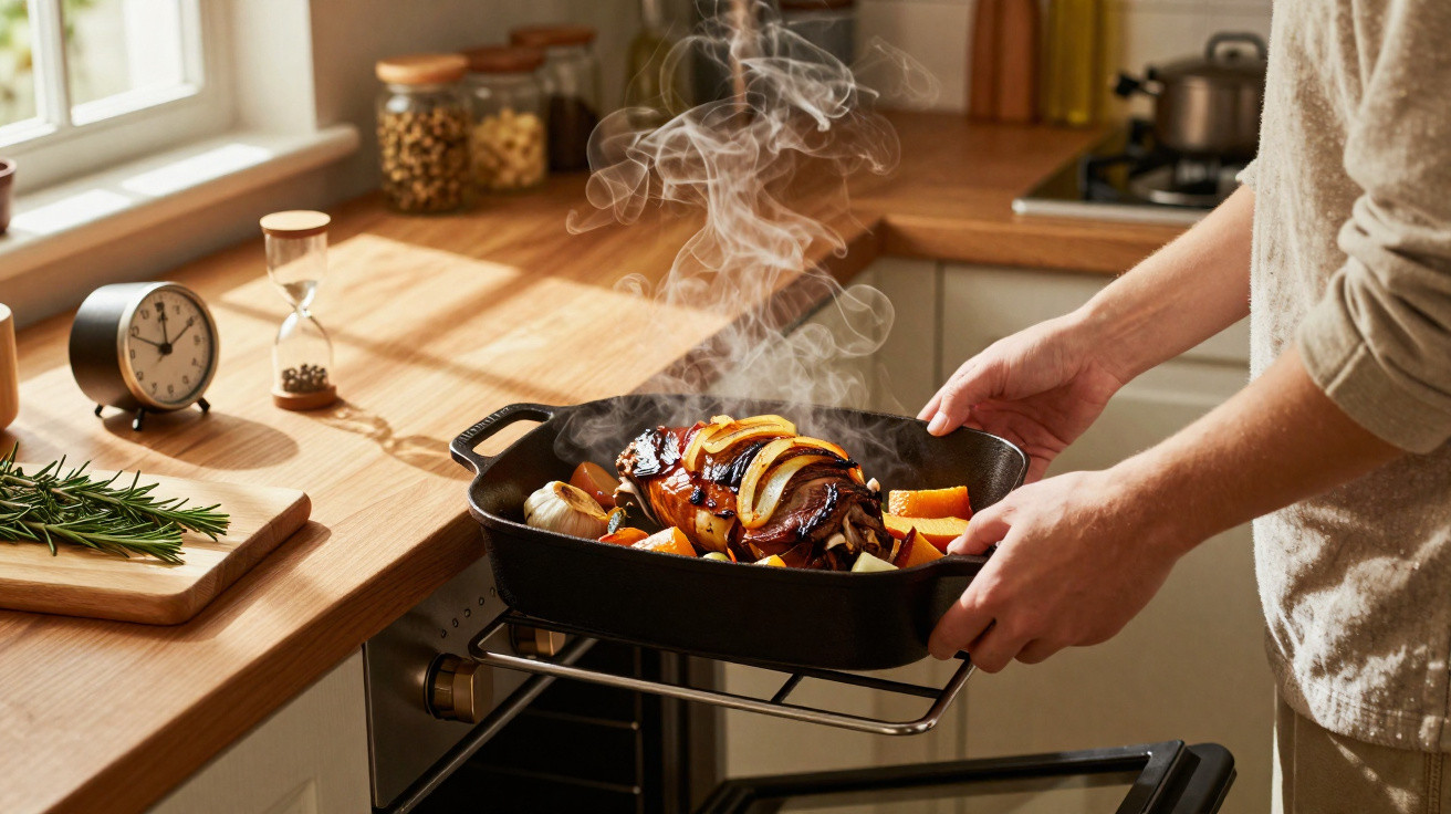 Pessoa a retirar assado fumegante com legumes do forno numa cozinha iluminada pelo sol.