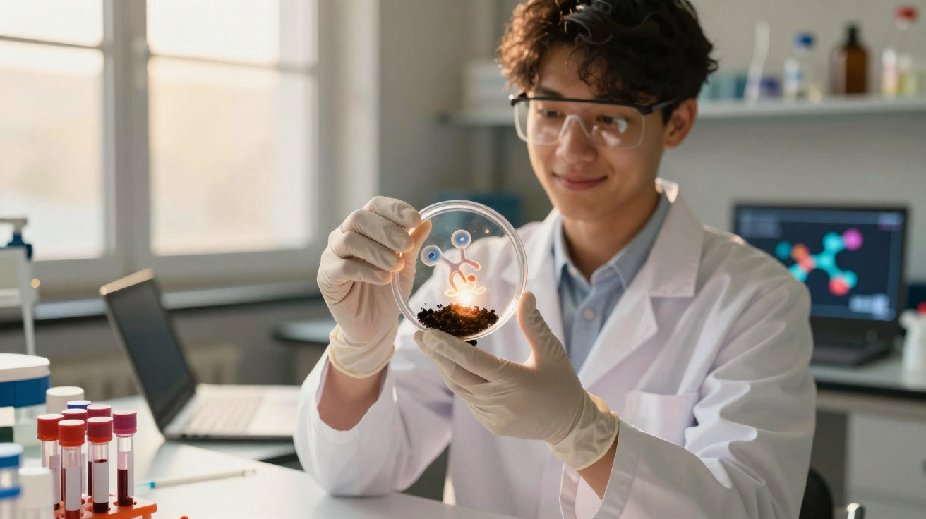 Jovem cientista em laboratório a observar cultura de microrganismos numa placa de Petri.