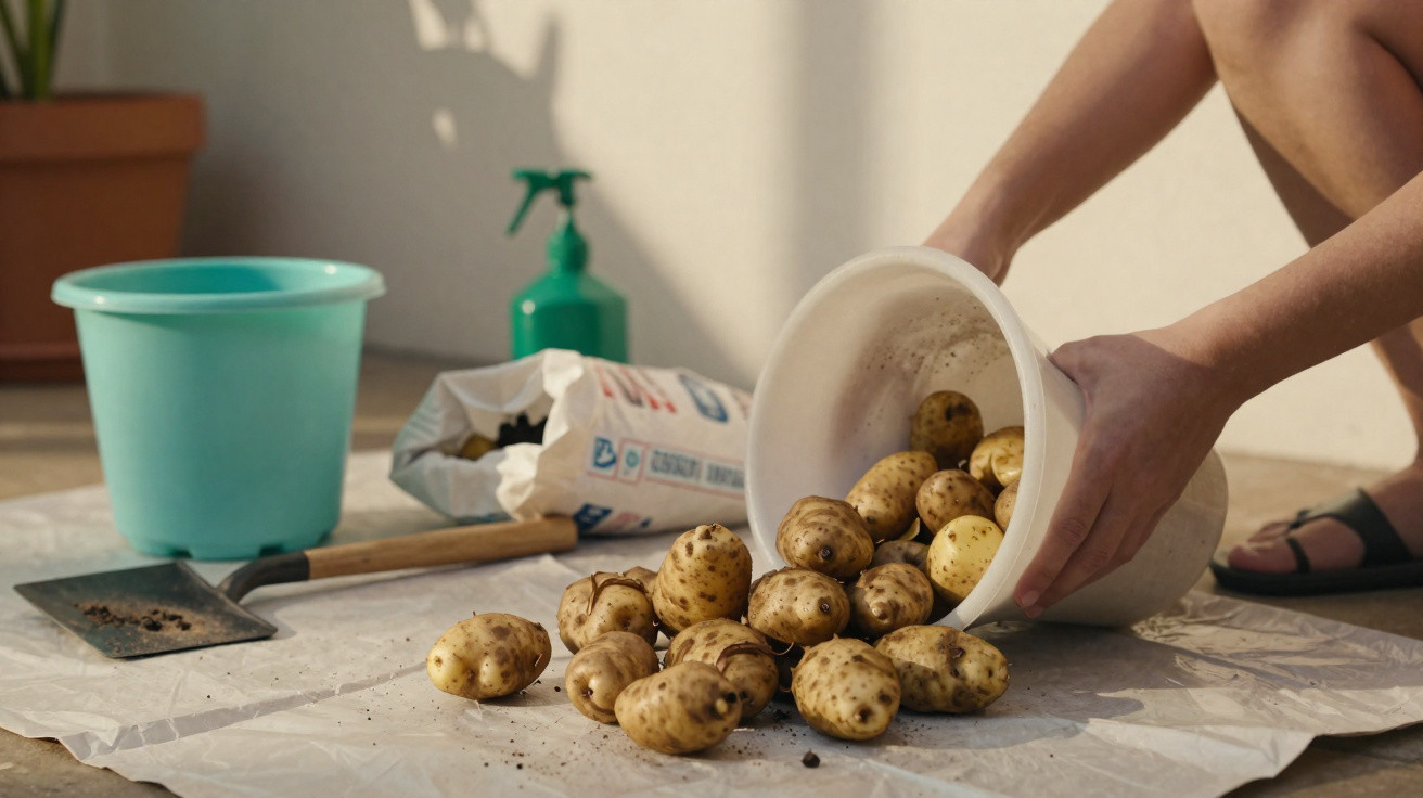 Pessoa a deitar batatas do balde para preparação de plantação em ambiente interno.