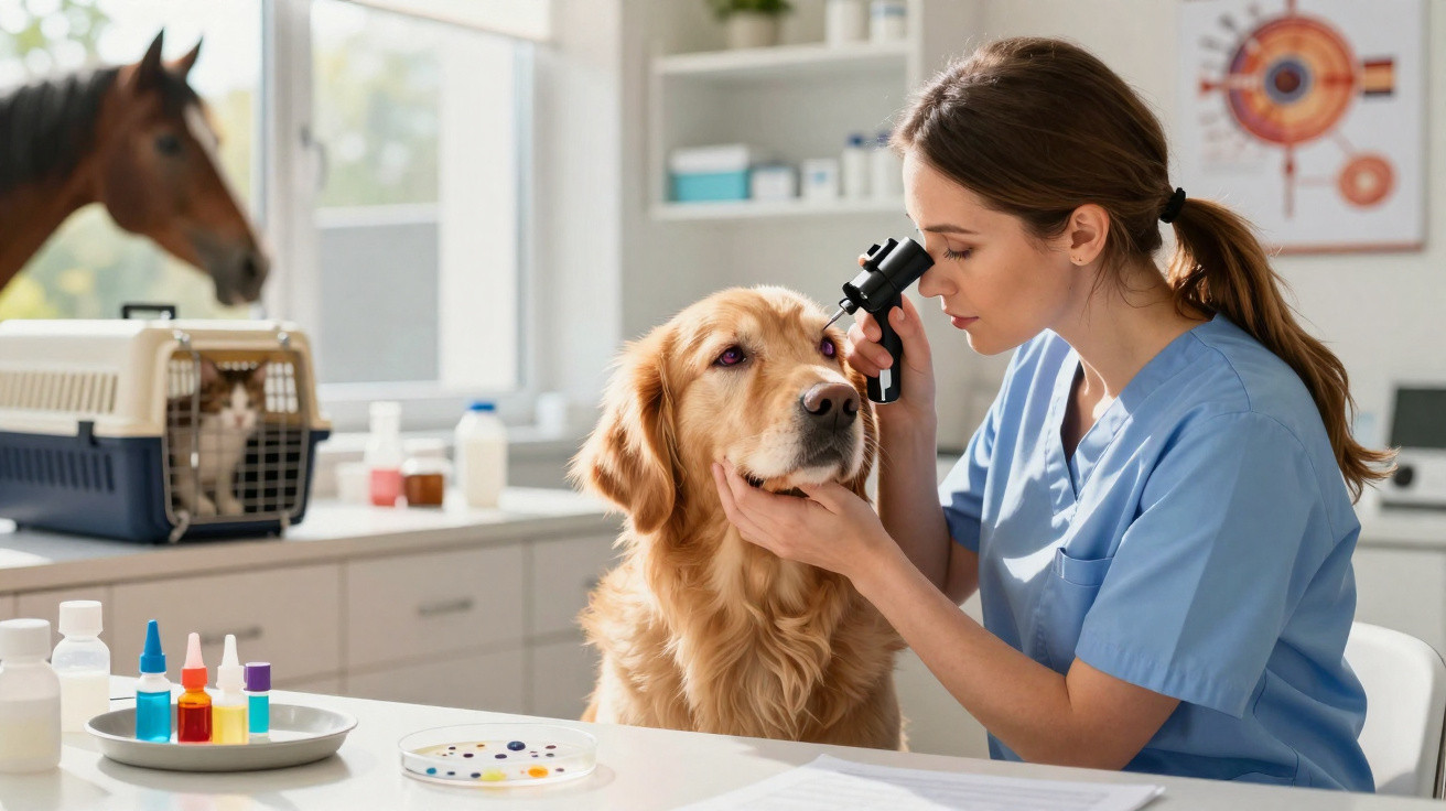 Veterinária examina olho de cão golden retriever num consultório com cavalo e gato ao fundo.
