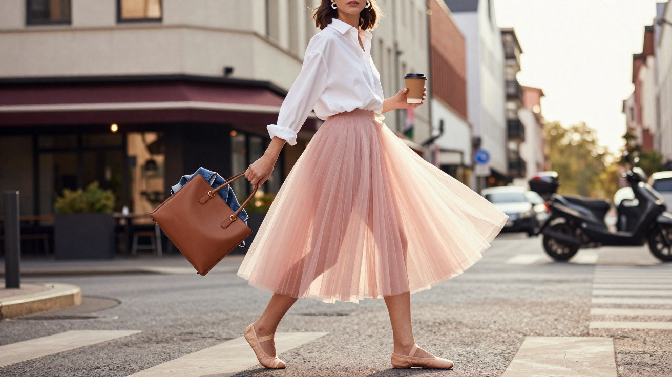 Mulher a atravessar rua urbana com saia cor-de-rosa, camisa branca, bolsa castanha e café na mão.