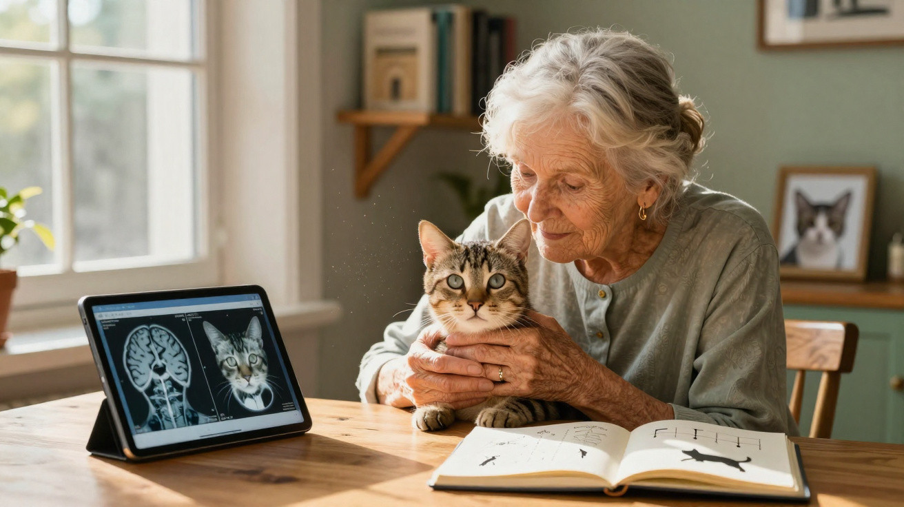 Idosa segura gato junto a livro e tablet com imagens de ressonância magnética do cérebro e do gato.