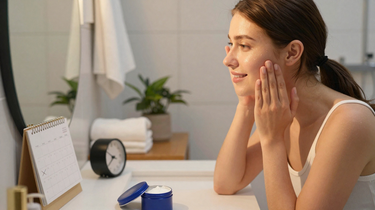 Mulher a aplicar creme facial num lavatório com espelho e calendário à frente.