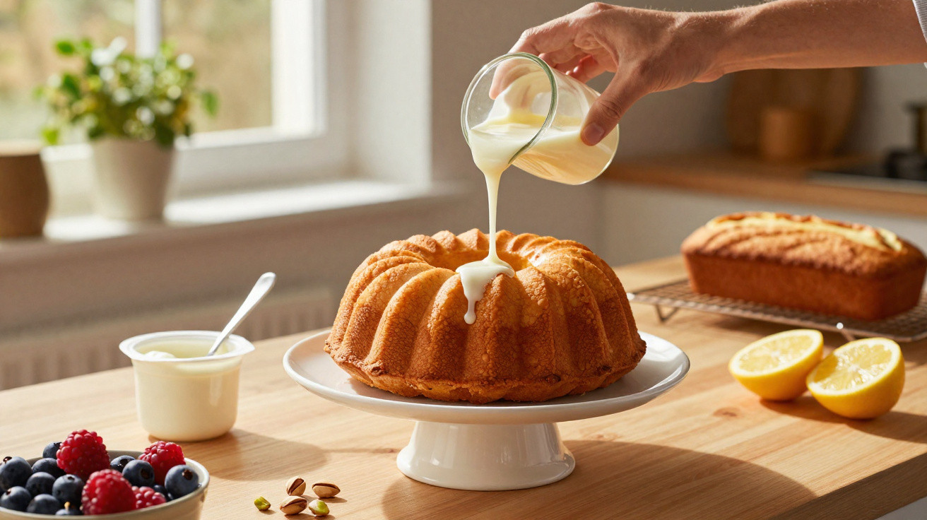 Mão a verter molho branco sobre bolo bundt numa mesa com frutas, iogurte e limão cortado ao meio.