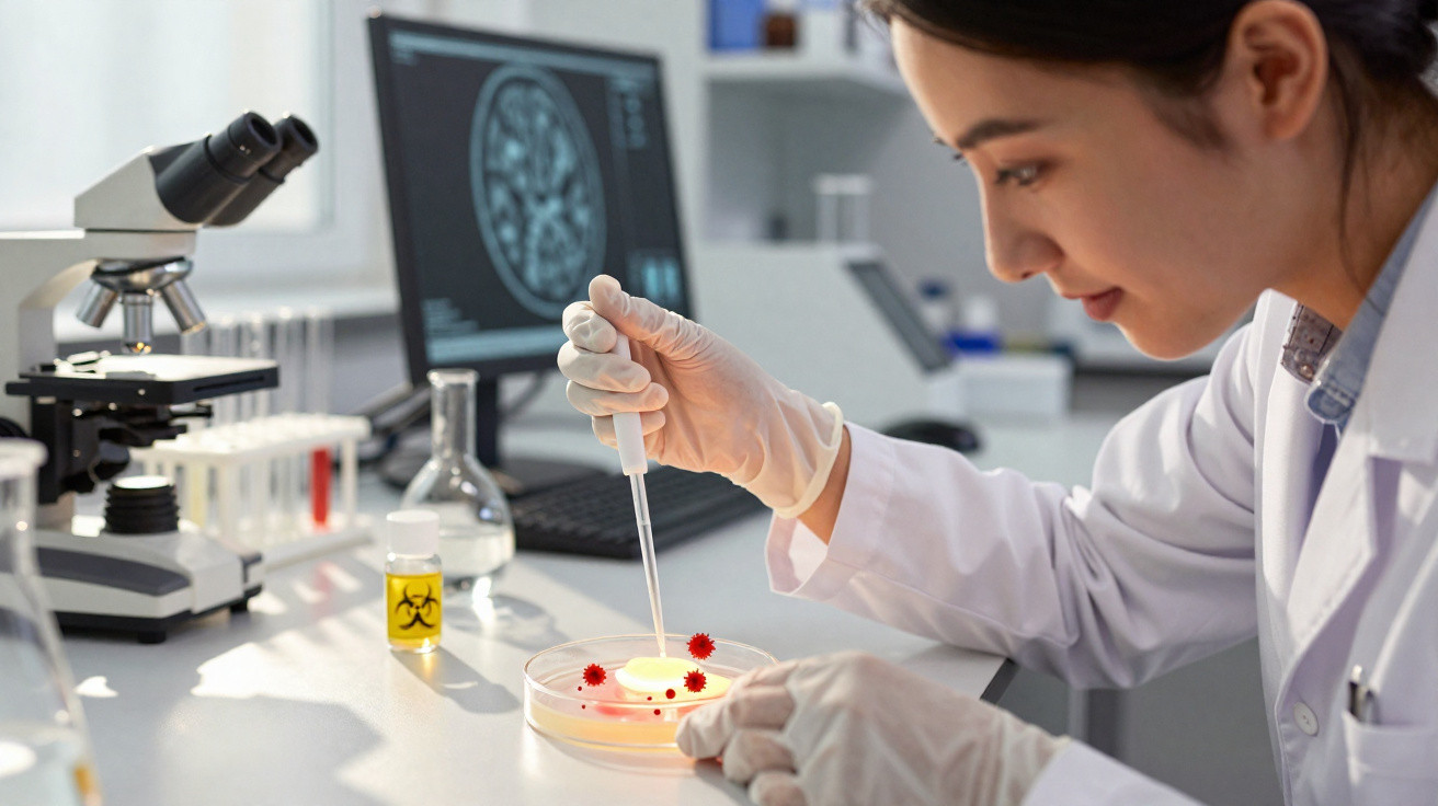 Cientista em laboratório manipula amostra em placa de Petri com micropipeta, rodeada de equipamentos de pesquisa.