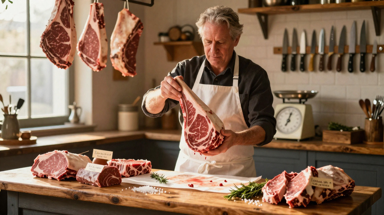 Açougueiro com avental branco manuseia peça de carne numa bancada de madeira com vários cortes de carne.