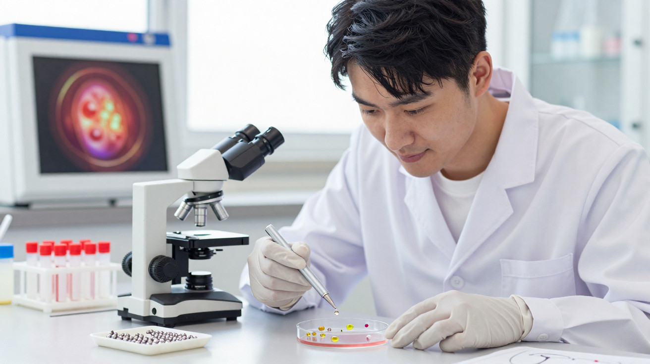 Cientista em bata branca a trabalhar com amostras numa placa de Petri, ao lado de um microscópio.
