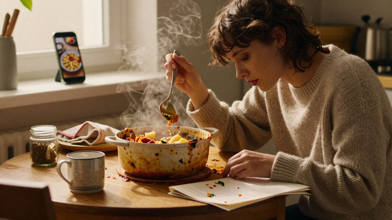 Mulher sentada à mesa, a comer uma refeição quente e piccante, com telemóvel e caderno à sua frente.