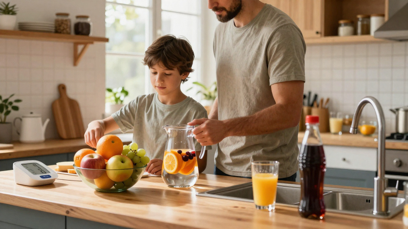 Pai e filho a preparar bebida com frutas numa cozinha moderna e luminosa.