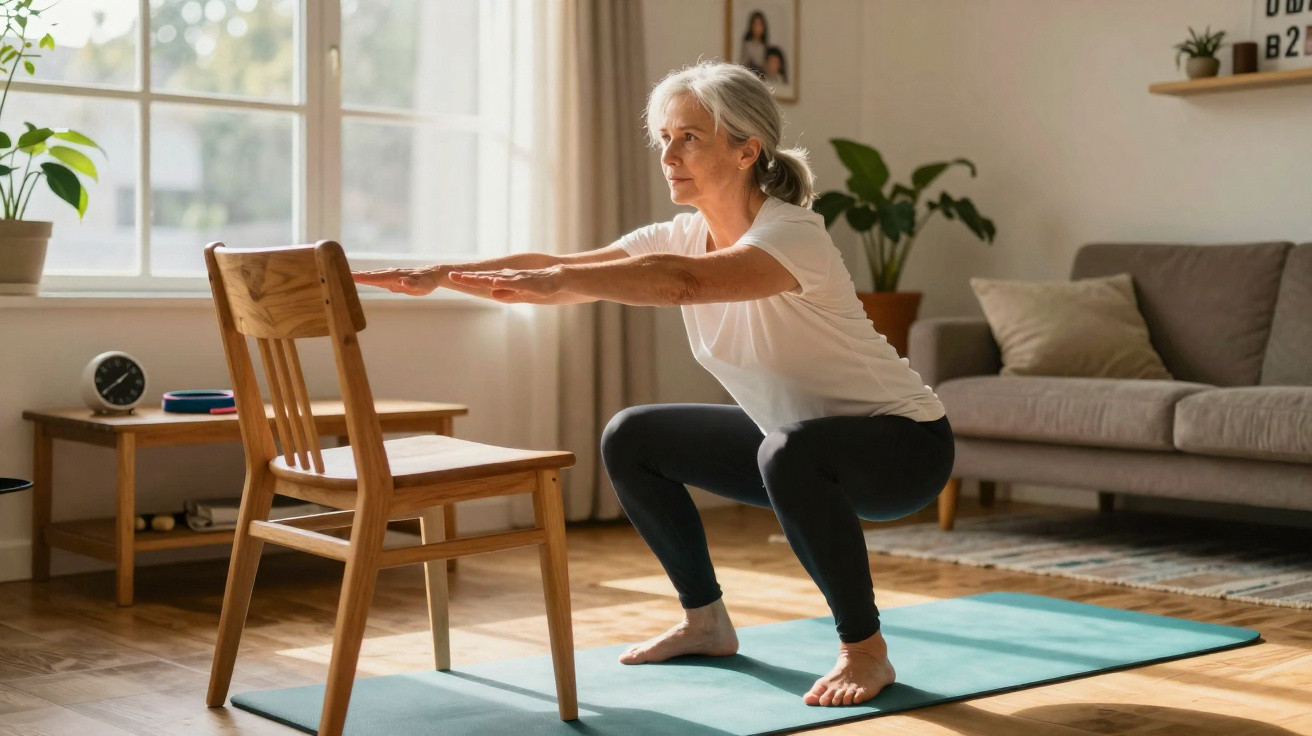 Mulher madura a fazer exercício de agachamento em casa usando uma cadeira para apoio num tapete de yoga.