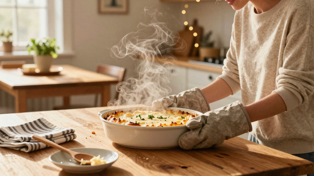 Pessoa a tirar do forno um prato de comida quente, fumegante, numa cozinha acolhedora e bem iluminada.