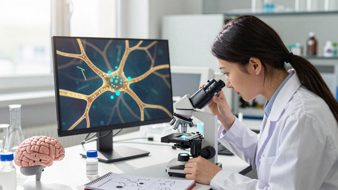 Cientista feminina a observar amostra no microscópio, com monitor e modelo de cérebro ao lado em laboratório.