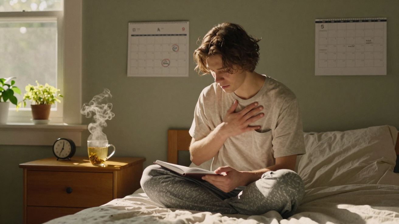 Jovem sentado na cama a ler livro, com mão no peito, chá quente e relógio numa mesa ao lado.