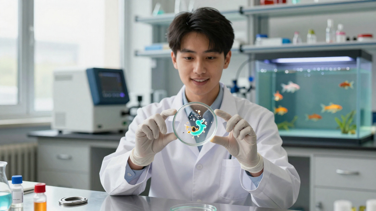 Cientista em laboratório a observar cultura bacteriana colorida numa placa de Petri com luvas.