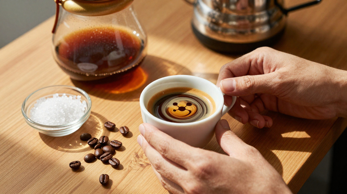 Mãos seguram chávena de café com grãos de café e açucar numa mesa de madeira clara sob luz natural.