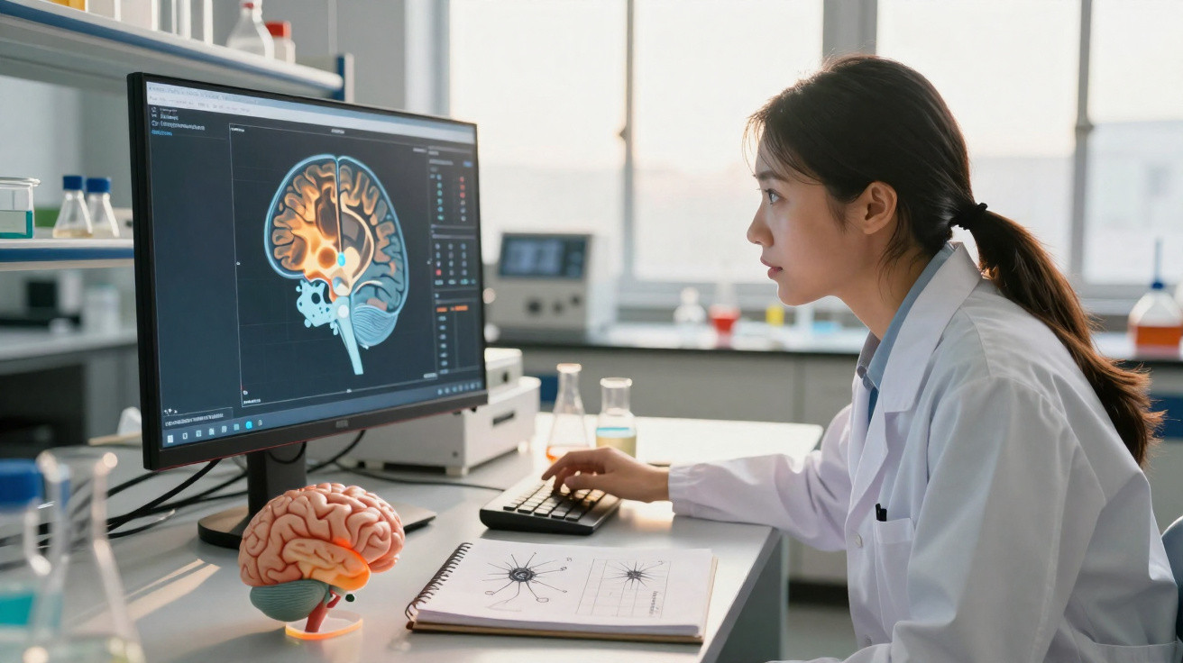 Investigadora em laboratório a analisar imagem digital de cérebro no ecrã de computador.