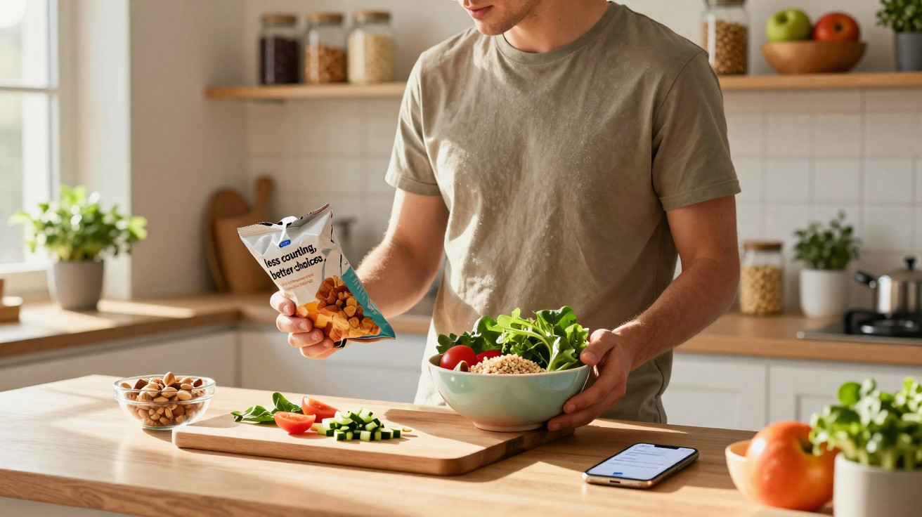 Homem a preparar salada saudável na cozinha moderna com legumes frescos e snacks.