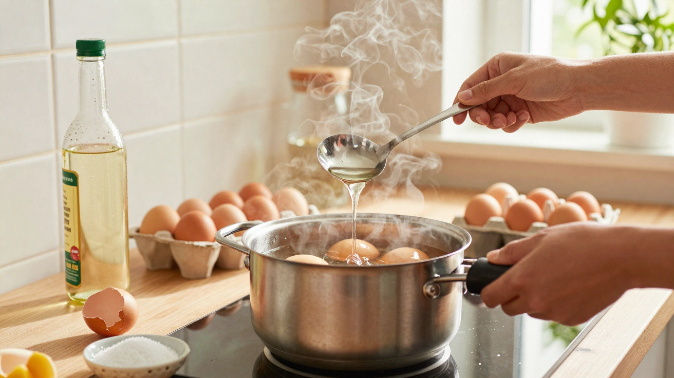 Mãos a cozer ovos numa panela com vapor a sair, ao lado de caixas com ovos e óleo numa cozinha.