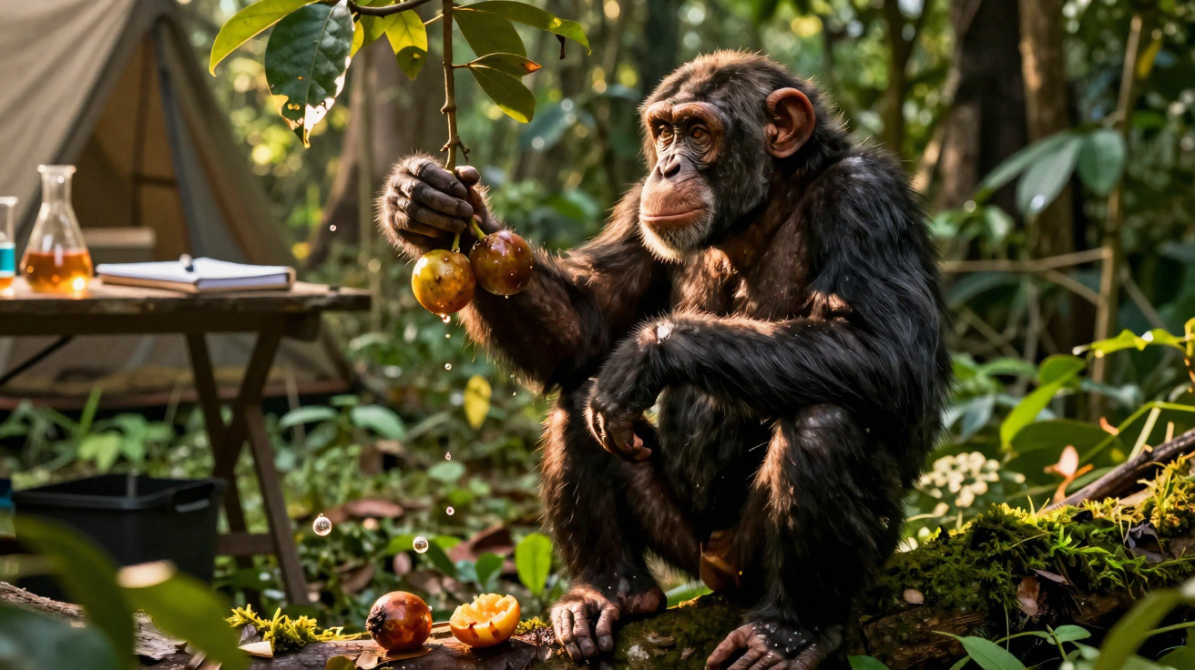 Chimpanzé sentado numa floresta segurando frutos maduros junto a um acampamento com mesa e caderno.
