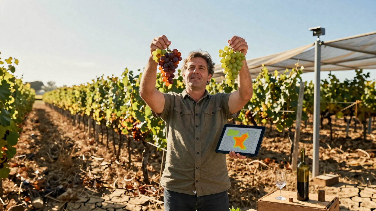Homem numa vinha segurando cachos de uvas verdes e roxas com tablet e garrafa de vinho ao lado.