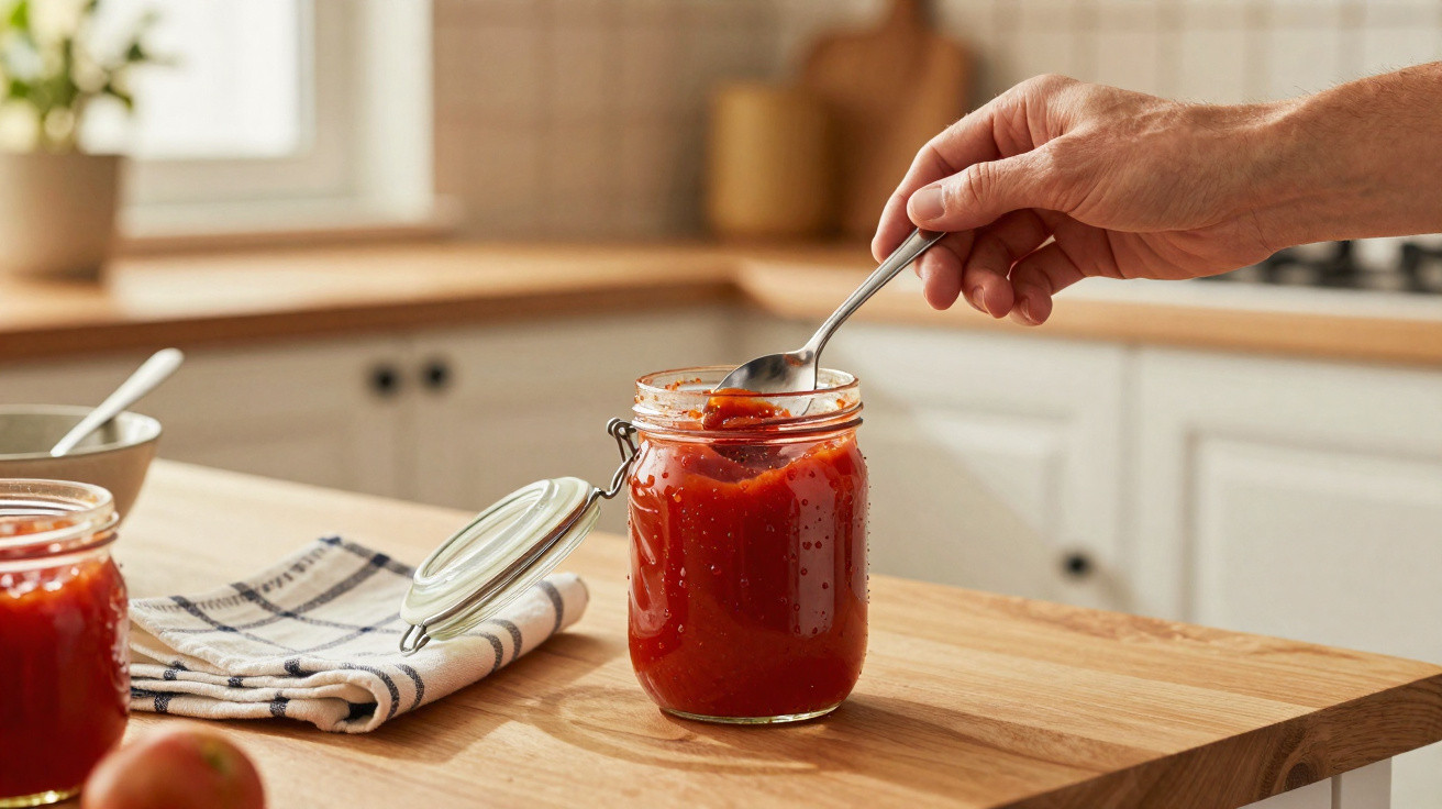 Mão a pegar com colher molho vermelho num frasco de vidro numa cozinha clara e organizada.