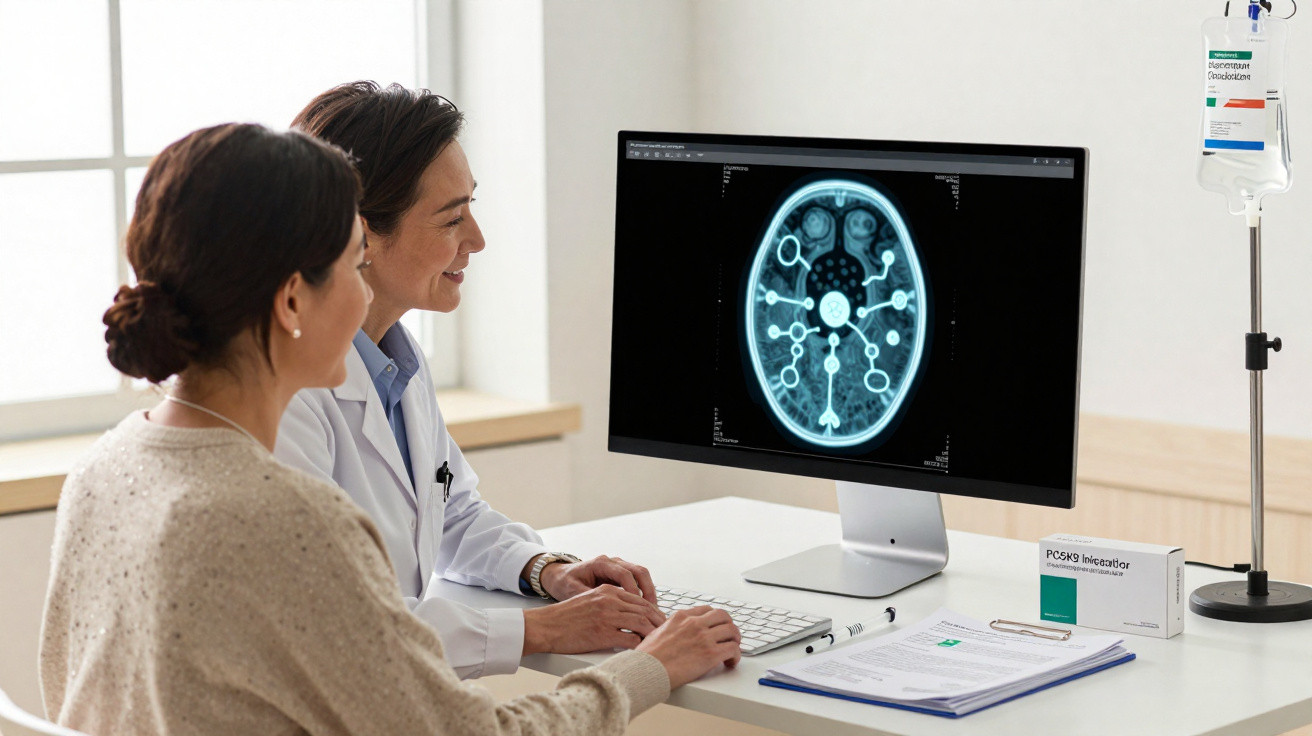 Duas mulheres, médico e paciente, consultando exame de ressonância magnética cerebral num computador.
