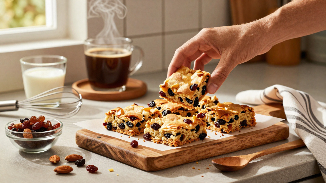 Barra energética caseira com frutos secos sobre tábua de madeira, mão a pegar uma fatia, café e leite ao fundo.