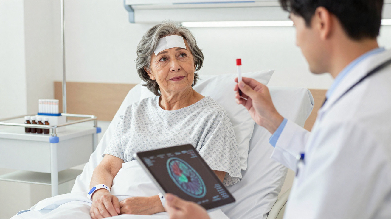 Mulher idosa com penso na testa numa cama de hospital enquanto médico lhe mostra um exame cerebral.