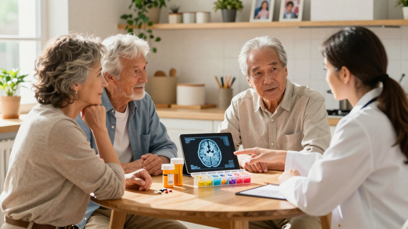Médica a explicar exame cerebral a casal sénior, com medicamentos e caixa de comprimidos na mesa de madeira.