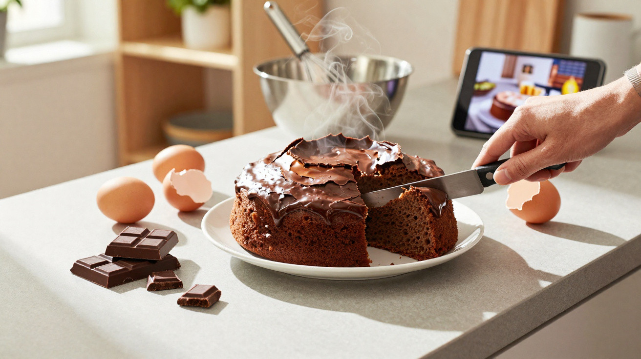 Bolo de chocolate quente a ser cortado numa cozinha, com ovos, chocolate e uma receita digital ao fundo.