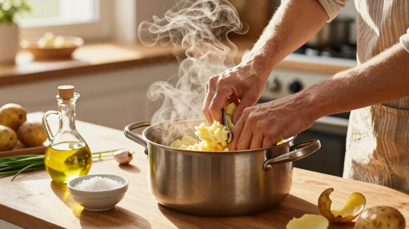 Mãos a cozer batatas numa panela de inox numa cozinha iluminada, com azeite e sal na mesa.