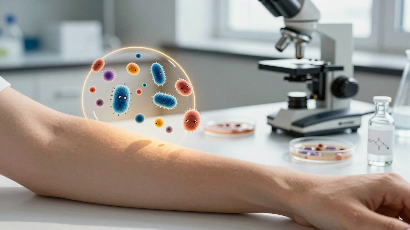 Braço humano apoiado numa mesa com ilustração de bactérias coloridas e microscópio ao fundo em laboratório.