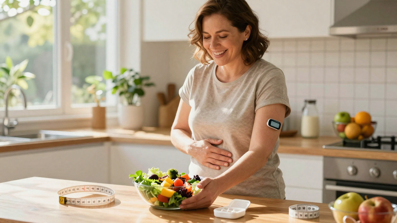 Mulher sorridente com sensor de glicose no braço segura tigela de salada numa cozinha moderna.