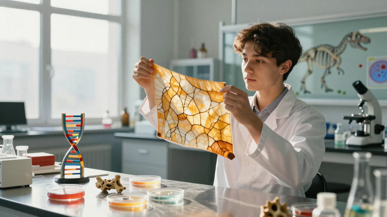Jovem cientista de bata branca a observar amostra translúcida em laboratório de biologia.