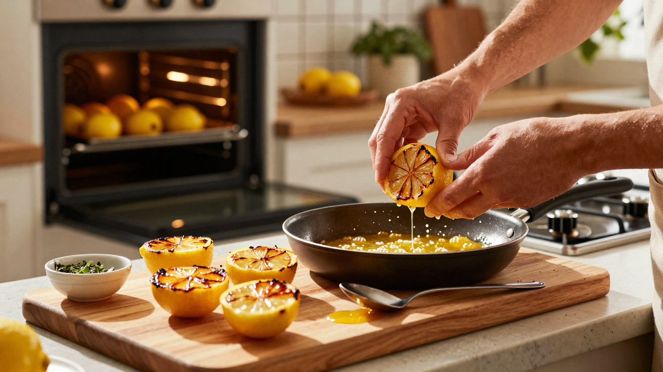 Mãos espremerem limões assados numa tábua de madeira numa cozinha moderna com forno ao fundo.