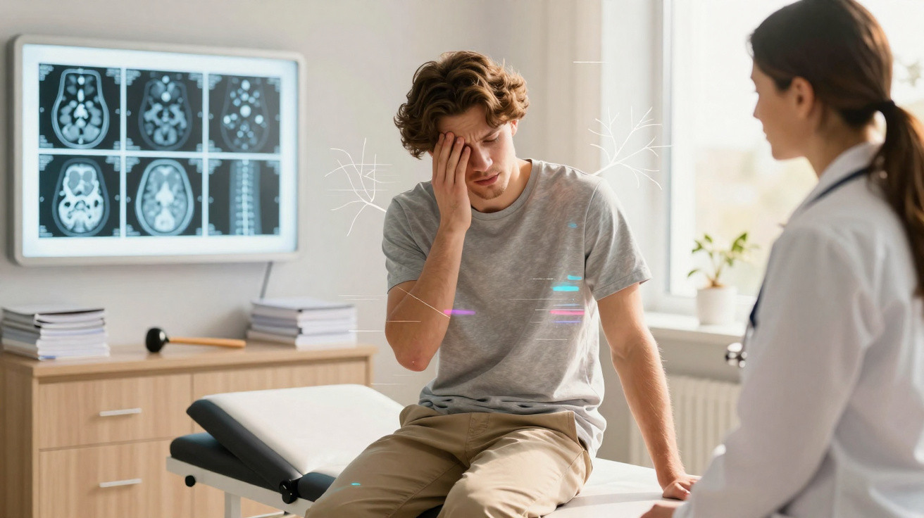 Homem jovem com dor de cabeça a ser consultado por médica num consultório com imagens de ressonâncias no fundo.