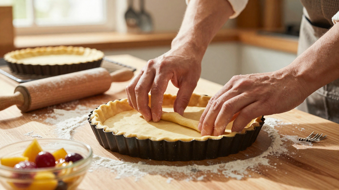 Mãos a preparar massa numa forma de tarte, com rolo de massa e taça com frutas na bancada de cozinha.