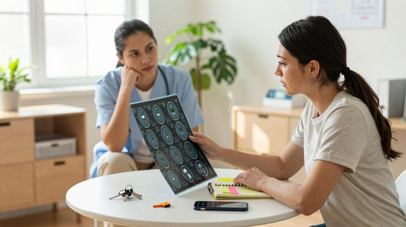 Mulher médica analisa radiografias cerebrais enquanto conversa com paciente num consultório.