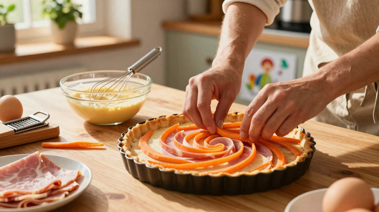 Pessoa a decorar uma tarte com tiras de cenoura e fiambre numa cozinha iluminada.