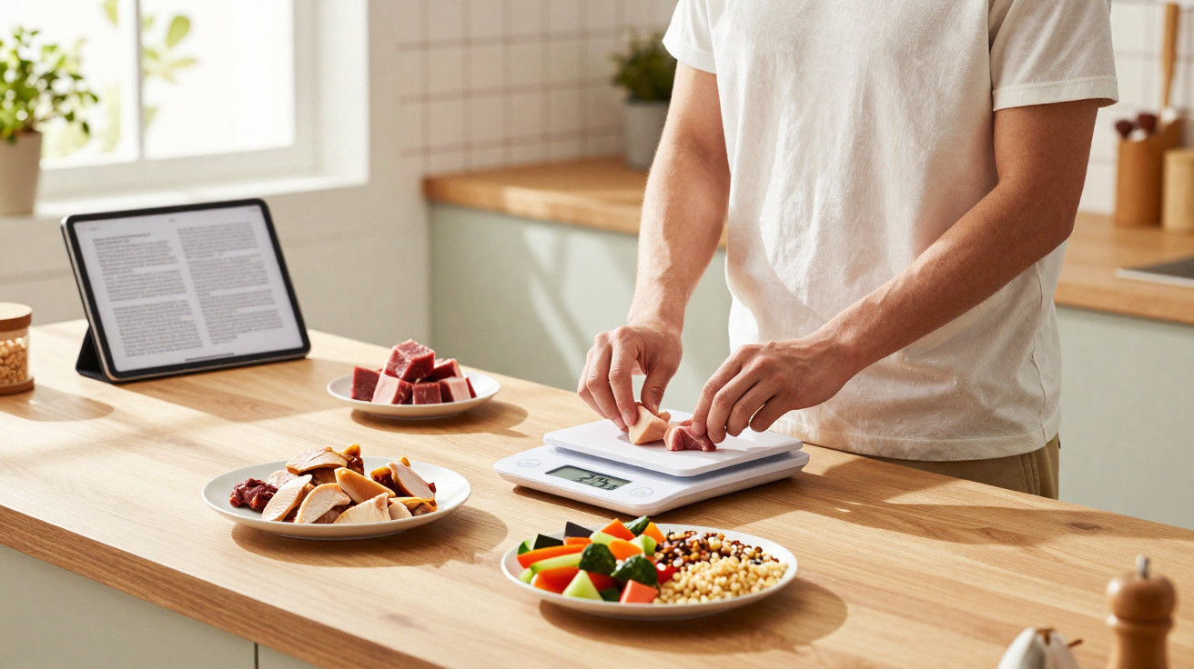 Pessoa a pesar pedaços de carne num termómetro digital na cozinha com pratos de legumes e carne.