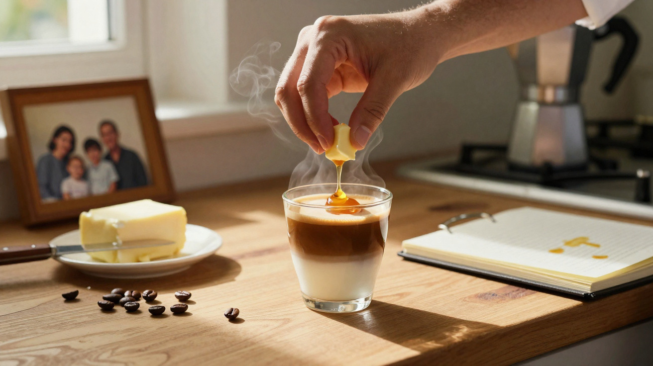 Pessoa a derreter manteiga numa bebida quente de café numa cozinha com luz natural.