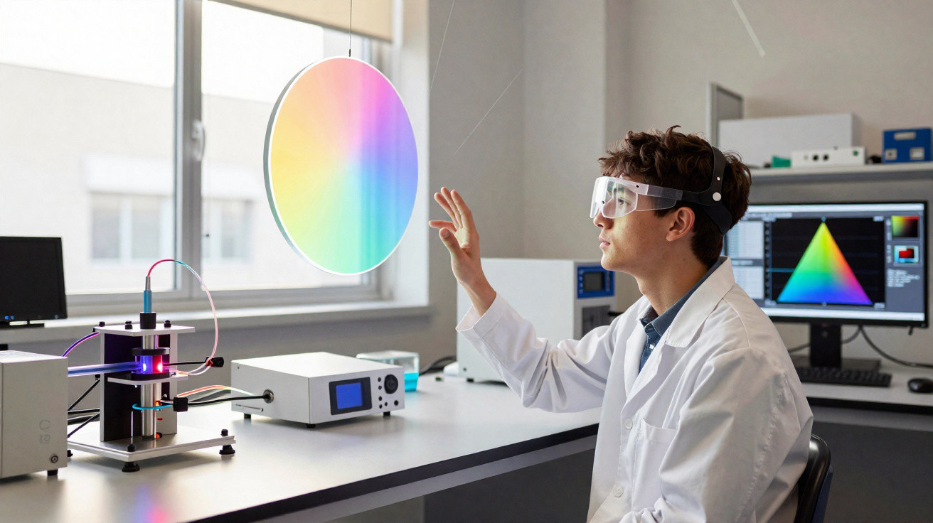 Cientista com bata e óculos de proteção manipula disco colorido suspenso em laboratório moderno.