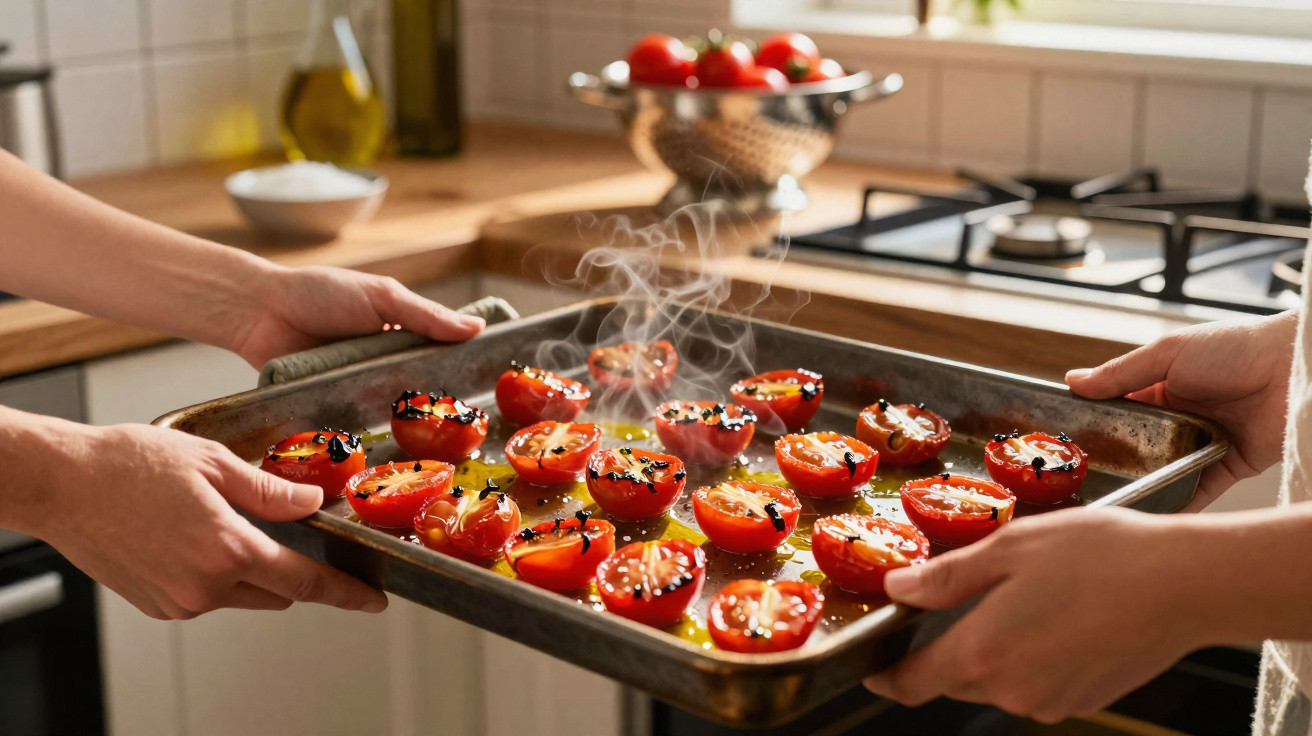 Duas pessoas seguram um tabuleiro com tomates assados a fumegar temperados com ervas na cozinha.
