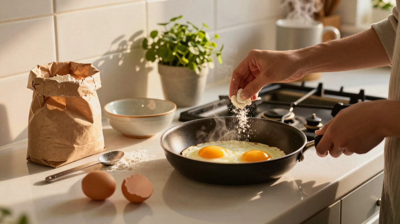 Pessoa a temperar ovos estrelados numa frigideira numa cozinha luminosa com ingredientes na bancada.