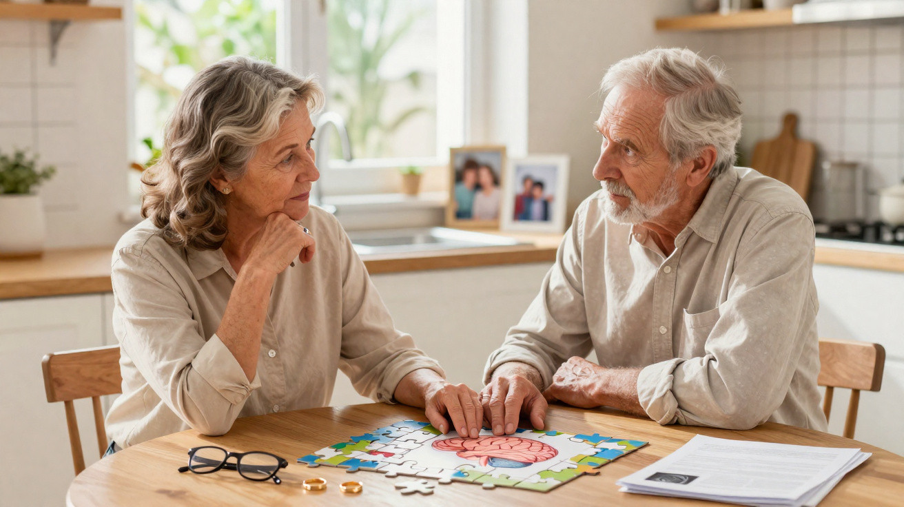 Casal sénior sentado à mesa a montar puzzle com imagem do cérebro numa cozinha luminosa.