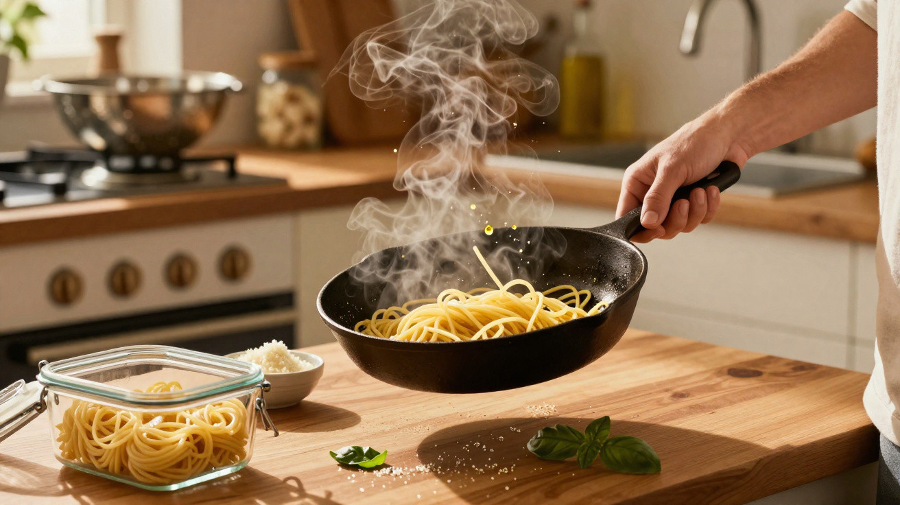 Pessoa a cozinhar esparguete numa frigideira fumegante numa cozinha moderna e luminosa.