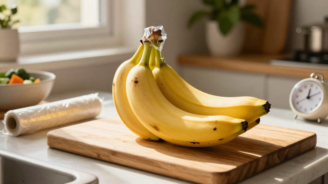 Mão de bananas maduras numa tábua de madeira numa cozinha com luz natural.